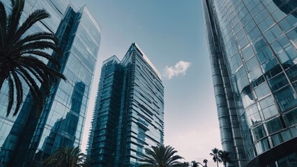 Obraz premium three Skyscrapers, Front view, for landing page design, with glass facade, blue color tone, modern, about 20 floors, skyscrapers side by side, with palm trees at the bottom of the building