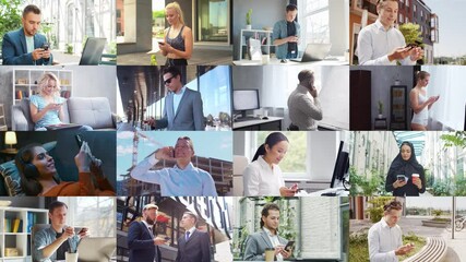 Collage with many different people using smartphone devices. Set collection of many video clips with men and women with mobile phones. Communication, internet and connectivity concept.