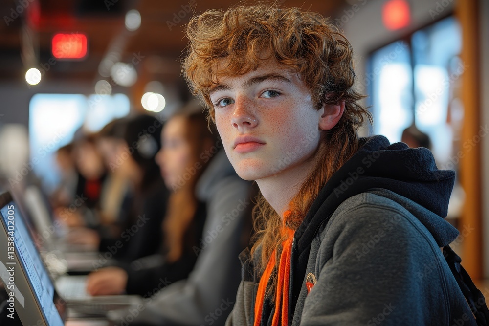Poster teenager focused on screen while classmates work at computers in a workspace during a school day