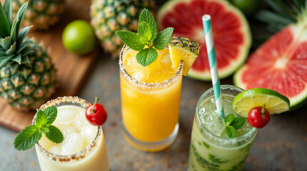 Tres cócteles tropicales decorados con frutas y hierbas frescas en un ambiente veraniego