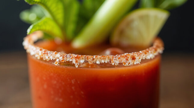 Bloody Mary con borde de sal y chile, decorado con apio y lima
