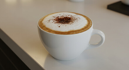 Obraz premium A cappuccino with frothy milk and cocoa dusting, sitting on a café counter.