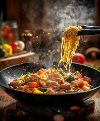 Steaming Hot Stir-Fried Noodles with Chicken and Vegetables in a Wok – Asian Street Food