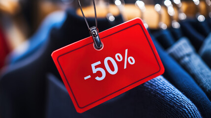 Red sign with 50% off on various blue clothes. Clothing sale tag showing 50% off discount in retail environment