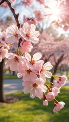 Obraz premium Close-up of delicate pink cherry blossoms in full bloom, showcasing their intricate petals and serene beauty against a soft background of green foliage.
