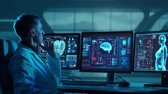 Doctor working at futuristic office, multiple monitors displaying medical images, data and body scans.