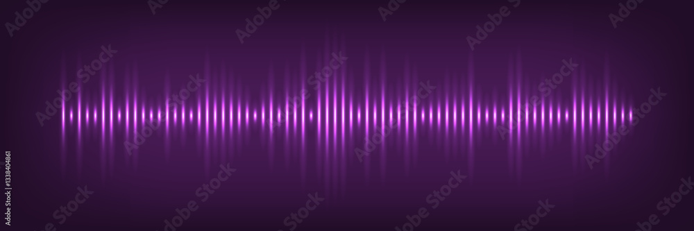 Poster pink sound wave with glowing light effect. purple noise pulses curve line isolated on black. music a