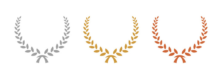 Gold, silver, bronze laurel wreaths. Winner medal award set vector illustration. Victory symbol, triumph emblem, champion prize isolated on transparent background.