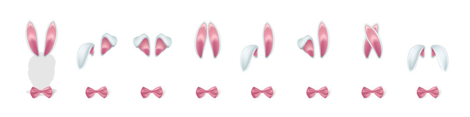 Easter bunny ears and bows. White rabbit ears headbands with pink inner details in various shapes. Easter or kid costume designs elements. Realistic 3d vector illustrations set.