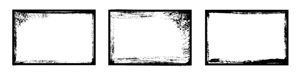 Black frames with worn paper effect on white background. Textured rectangles with old, grunge, grainy, vintage, worn, dust effect. Simple object mockup. Realistic vector illustrations set.