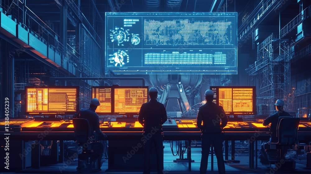 Poster engineers monitoring an automated metal foundry.