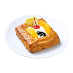 Fruit tart pastry on a white plate, delicious dessert