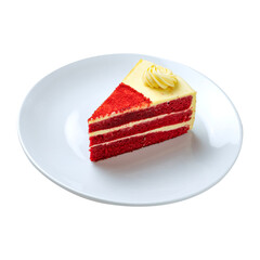 Slice of delicious red velvet cake on a white plate.