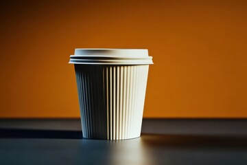 Disposable coffee cup on table with warm lighting, minimalist design, morning coffee concept, National Coffee Day
