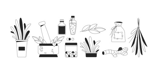 Herbal medicine and natural remedies 2D line objects set. Herbs, essential oils, mortar pestle, spices dried plants isolated cliparts vector ink outline items. Monochrome spot illustrations collection