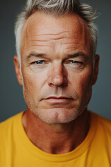 Obraz premium Confident mature man in black suit looking serious with stylish short gray hair and light stubble, posing against a neutral background for business, fashion, and lifestyle concepts