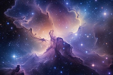 Obraz premium Stunning Nebulae and Vibrant Colors in a Cosmic Landscape of Blue Peach and Purple Stars