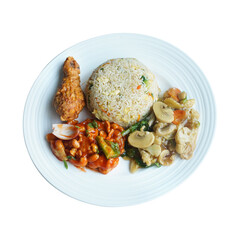 A delicious plate of fried rice with chicken and vegetables