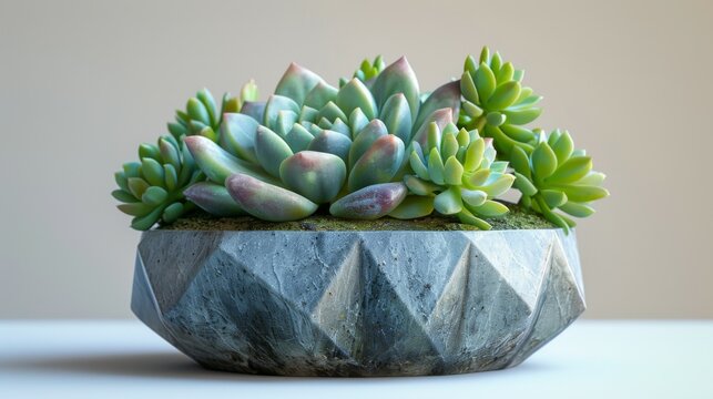 A potted plant with a variety of green plants in a bowl