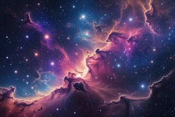Fototapeta premium Stunning Colorful Nebula with Twinkling Stars and Cosmic Dust in Vibrant Celestial Panorama