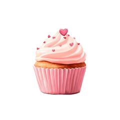 delicious cupcake with pink frosting is adorned with small heart shaped sprinkles, creating sweet and charming appearance. cupcake is set in pink wrapper, enhancing its delightful presentation