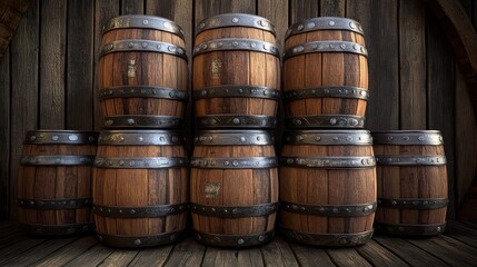 Fototapeta premium A stack of old beer barrels in the dimly lit interior of a craft brewery, with wooden textures and metal bands highlighting the artisanal brewing process.
