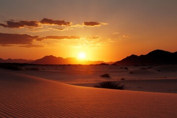 Sunset over golden sands in a tranquil desert landscape with distant mountains under a colorful sky
