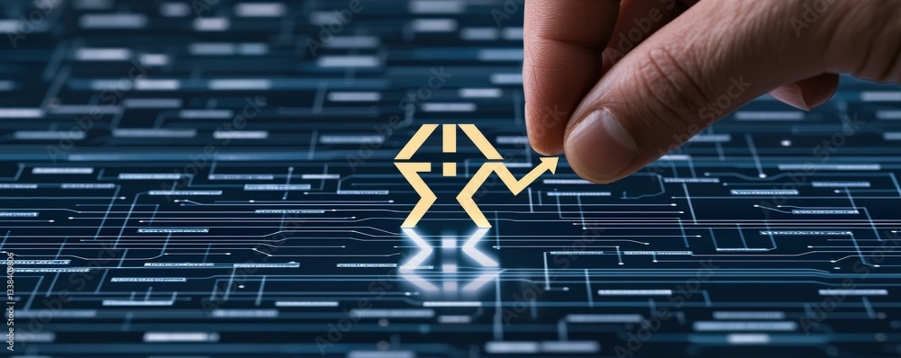 Poster import tariffs policy impact concept. hand interacting with digital circuitry and a data symbol.
