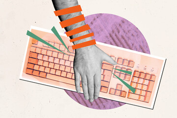 3D photo collage template trend artwork of body language showing finger sign hand hold keyboard...