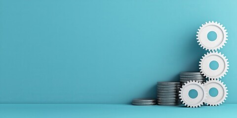 Import Tariffs policy impact concept. Stack of gears and coins on a blue background.