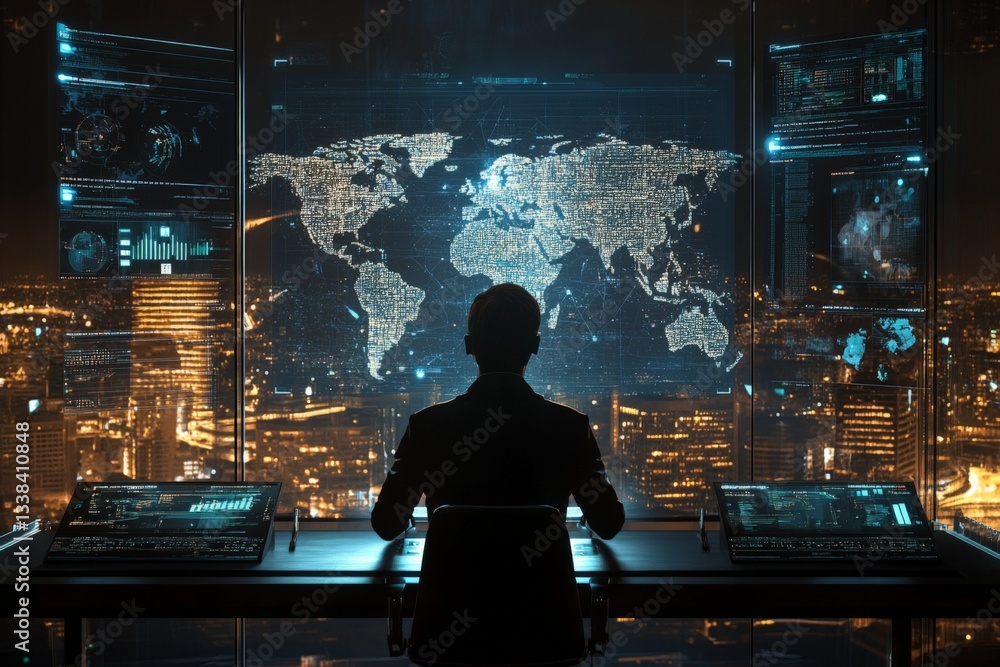 Poster technologist analyzes global data in a modern command center at night