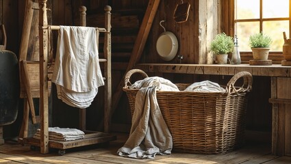 Laundry basket with clothes in a rustic house, cozy and organized, representing a spring cleaning event in a countryside home