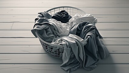 Laundry basket with clothes on a wooden floor, tidy and organized, representing a spring cleaning event indoors