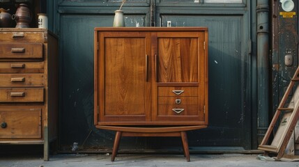 Fototapeta premium A wooden cabinet with a white vase on top of it