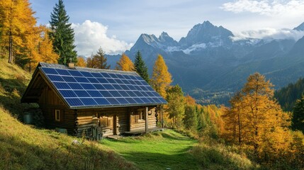 Solar panels on a remote cabin in the mountains