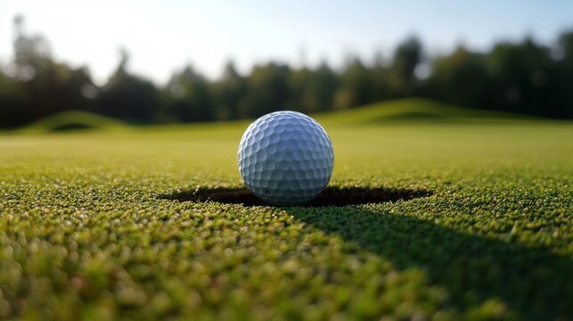 Close-up of white golf ball resting on manicured green grass near putting hole on sunny day at golf course, symbolizing precision and focus in outdoor sport



