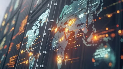 Digital world map overlay with glowing elements, representing global connections and technology.