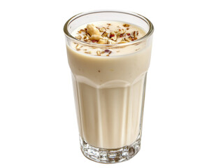 Delicious homemade nut-based drink served in a clear glass on a transparent background, cut out