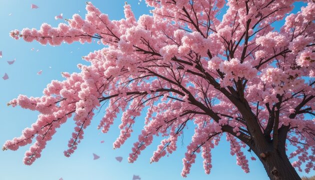 A majestic cherry blossom tree in full bloom against a clear blue sky, showcasing the vibrant pink flowers swaying gently in the spring breeze.