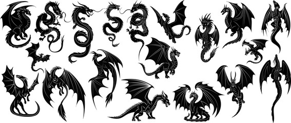 dragons set, silhouette vector collection on white background
