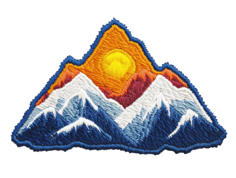 Colorful mountain patch featuring sunrise and snow peaks on a transparent background, cut out