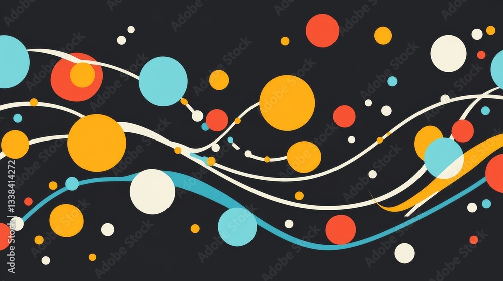 Poster an abstract financial graph with curved lines and colorful dots, symbolizing growth and trends in bu