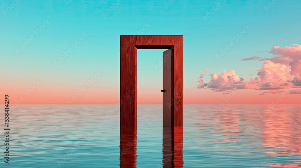 Poster surrealist art abstract background idea. a surreal door standing in calm waters under a colorful twi