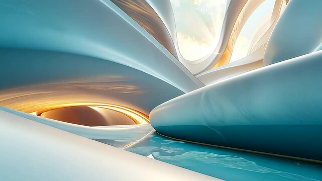 Futuristic, flowing architectural structure with soft blue and gold tones.  Dynamic curves and seamless transitions create a sense of movement and wonder
