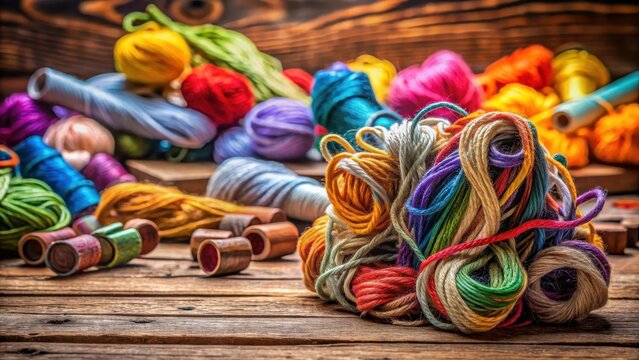 Colorful spools of embroidery thread with a giant tangled knot in a messy bundle on a wooden workbench, creative workspace, crafting essentials