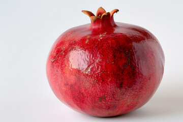 A ripe pomegranate with a shiny red exterior, resting on a white background.