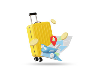 3D illustration vector render of suitcase, airplane, coins, map and coordinate pin icons. Concept of travel expense planning, budget management for separate trip on white background.