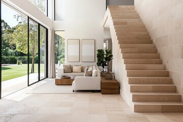Elegant interior space featuring travertine flooring and walls, complemented by natural light and a serene outdoor view creates a calming atmosphere