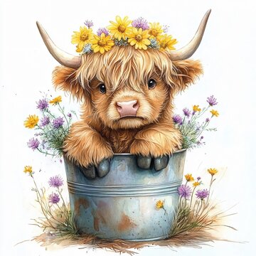 A playful baby highland cow calf with flowers in a pot, perfect for spring promotions, Easter events, or children's decor emphasizing whimsy and cuteness.
