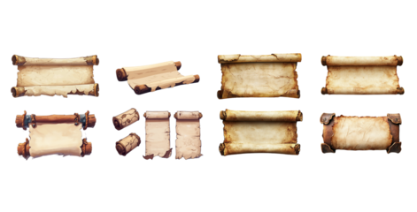 Collection of eight different aged and worn parchment scrolls perfect for game UI or fantasy design elements isolated on Transparent PNG